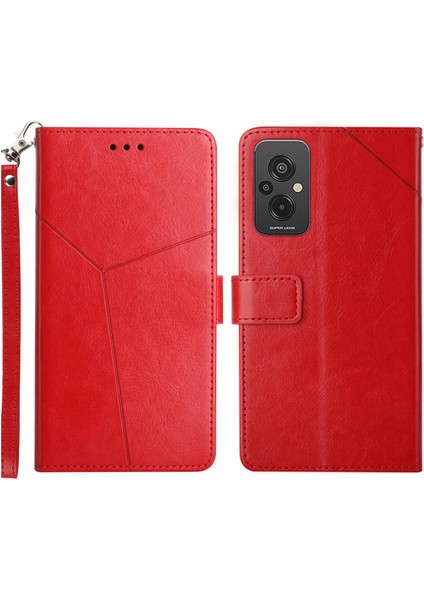 Xiaomi Redmi Için 11 Prime 4g HT01 Baskılı Y Şeklindeki Çizgiler Cüzdan Kılıfı Pu Deri Stand Tam Kapsama Folu Folio Telefon Kapağı Kayış-Kırmızı ile (Yurt Dışından)