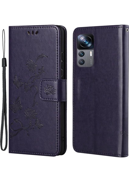 Xiaomi 12T 5g/redmi K50 Ultra 5G/12T Pro 5g Kelebek Çiçek Baskılı Pu Deri Telefon Kılıf Cüzdan Stand Tam Koruma Kapak-Dark Mor (Yurt Dışından)