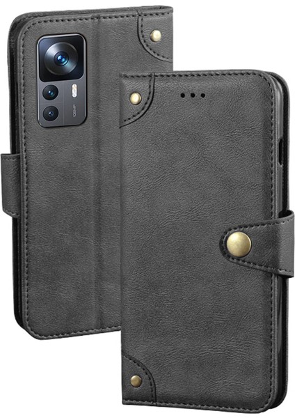 Xiaomi Için Cep Telefonu Kapağı 12T 5g/redmi K50 Ultra 5g Altın Düğme ile Anti Damlı Telefon Kılıfı Ince Doku Doku Pu Deri Cüzdan Stand-Black (Yurt Dışından)