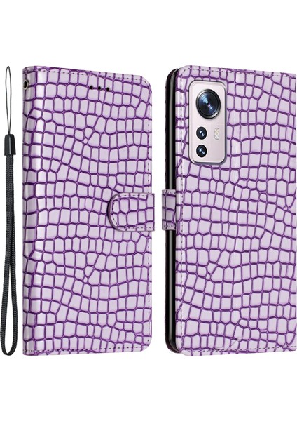 Xiaomi Için 12 Lite 5g Cüzdan Telefon Kılıfı Timsah Doku Pu Deri Deri Kapak Strap-Murple ile (Yurt Dışından)