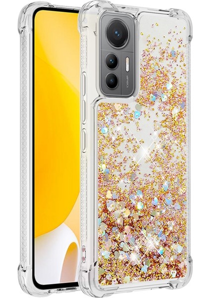 Xiaomi Için 12 Lite 5g Yumuşak Tpu Damla Geçirmez Kapak Cep Telefonu Koruyucu Kılıf Sıvı Yüzer Glitter Sequins-Altın/kalpler (Yurt Dışından)