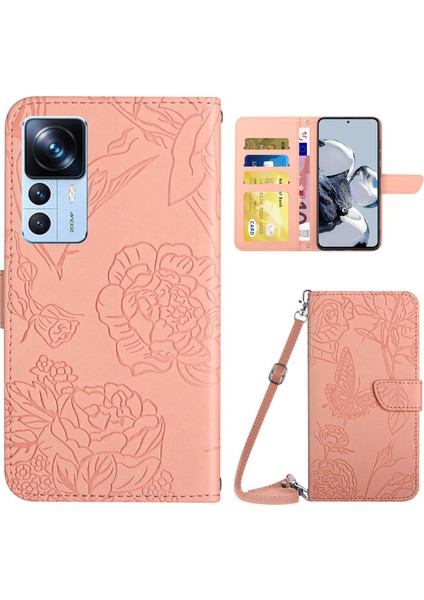 Xiaomi 12T 5g/redmi K50 Ultra 5G/12T Pro 5g HT03 Kelebek Çiçekleri Baskılı Cilt Touch Pu Deri Kapak Stand Cüzdan Telefon Kılıfı Omuz Kayışı Pembe (Yurt Dışından)