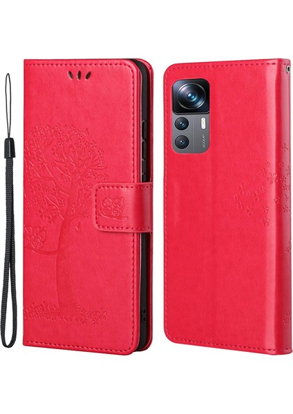 Xiaomi 12T 5g/redmi K50 Ultra 5G/12T Pro 5g Pu Deri Deri Baskılı Baykuş Ağacı Desen Kılıf Anti-Çizelge Cüzdan Stand Manyetik Toka Kapak-Kırmızısı (Yurt Dışından)