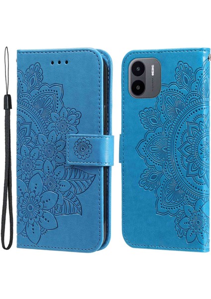 Xiaomi Için Redmi A1 4g/a2 4g Çiçek Baskı Pu Deri Kılıf Stand Anti-Damla Telefon Cüzdan Kapağı Kayış Mavisi ile (Yurt Dışından)