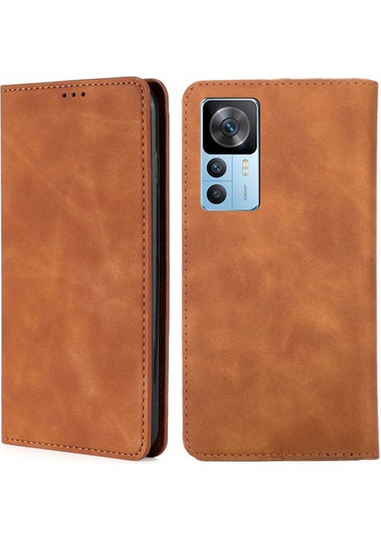 Xiaomi 12T 5g/redmi K50 Ultra 5G/12T Pro 5g Manyetik Oto Emici Telefon Standı Pu Deri Deri Touch Hisset Hisset Hissedar Kart Tutucu Işıklı Kahverengi (Yurt Dışından)