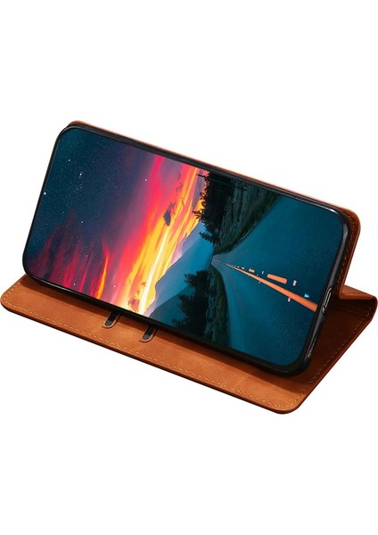 Xiaomi 12T 5g/redmi K50 Ultra 5G/12T Pro 5g Manyetik Oto Emici Telefon Standı Pu Deri Deri Touch Hisset Hisset Hissedar Kart Tutucu Işıklı Kahverengi (Yurt Dışından) modelleri