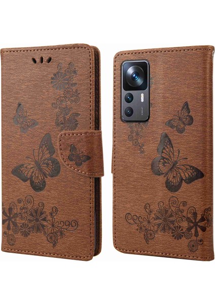 Xiaomi Için 12T 5g/redmi K50 Ultra 5g Kelebekler Çiçek Deskesi Şok Geçirmez Cüzdan Kılıfı Pu Deri Deri Stand Manyetik Kapanma Flip Folio Folio Telefon Kapak-Kahverengi (Yurt Dışından)