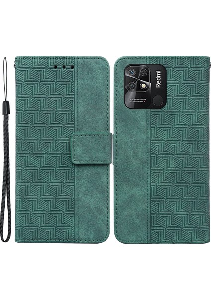 Geometri Xiaomi Redmi 10C Için Baskılı Telefon Kasası, Cüzdan Standı Pu Deri Manyetik Toka Kapağı Kayış Yeşili ile (Yurt Dışından)