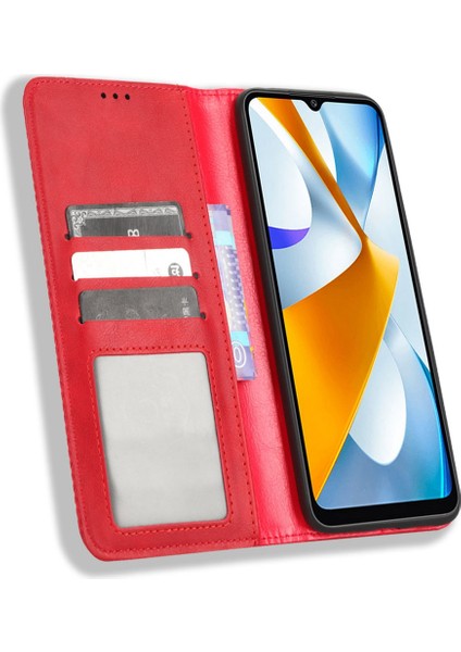 Xiaomi Poco C40 4g Anti-Fall Flip Cüzdan Kılıfı Manyetik Otomatik Kapanış Retro Baskılı Pu Deri Telefon Kapağı Stand-Red ile (Yurt Dışından)