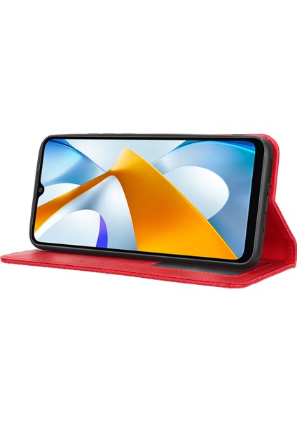 Xiaomi Poco C40 4g Anti-Fall Flip Cüzdan Kılıfı Manyetik Otomatik Kapanış Retro Baskılı Pu Deri Telefon Kapağı Stand-Red ile (Yurt Dışından)