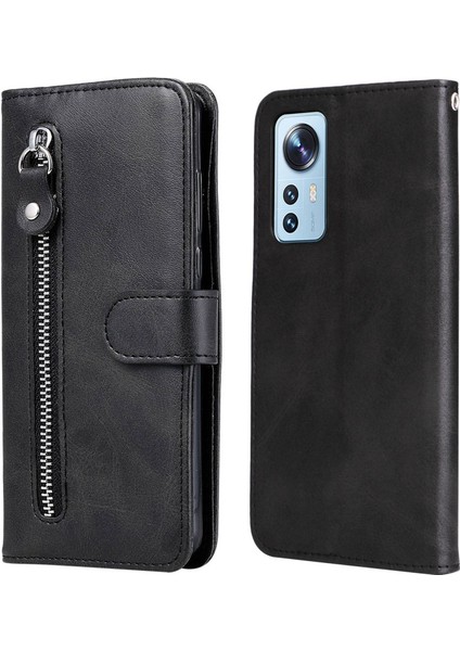 Xiaomi Için 12 Lite 5g Cüzdan Telefon Kılıfı Pu Deri Fermuar Cep Flip Stand Tasarım Anti-Çizelge Manyetik Kapatma Telefon Kapak Black (Yurt Dışından)