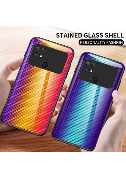 Xiaomi Poco C40 4g Iyi Korumalı Karbon Fiber Doku Hibrid Kasa Ultra Ince Temperli Cam+Pc+Tpu Cep Telefonu Geri Kapak- Siyah Elyaf (Yurt Dışından)