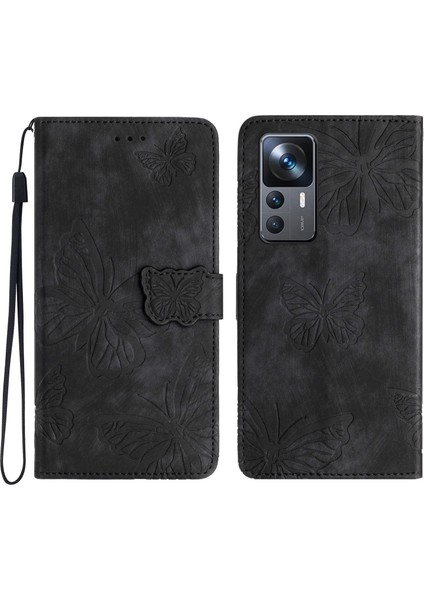 Xiaomi 12T 5G/12T Pro 5g/redmi K50 Ultra 5g Deri Telefon Kapağı Kelebek Basılı Cüzdan Standı Case-Black (Yurt Dışından)