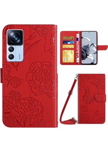 Xiaomi 12T 5g/redmi K50 Ultra 5G/12T Pro 5g HT03 Kelebek Çiçekleri Baskılı Cilt Touch Pu Deri Kapak Stand Stand Cüzdan Telefon Kılıfı Omuz Kayışı Kırmızısı (Yurt Dışından)