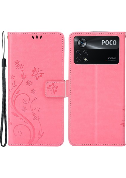 Kelebek Çiçek Baskısı Cüzdan Deri Kılıfı Xiaomi Poco X4 Pro 5g, Manyetik Toka Tasarım Telefon Kabuğu Aksesuarı Stand-Pink ile (Yurt Dışından)