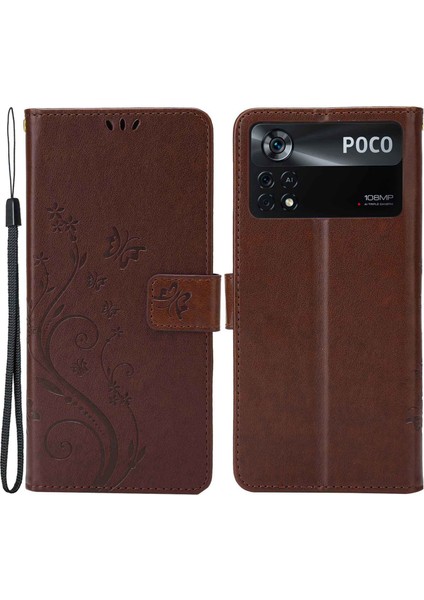 Kelebek Çiçek Baskısı Cüzdan Deri Kılıfı Xiaomi Poco X4 Pro 5g, Manyetik Kıta Tasarım Telefon Kabuğu Aksesuarı Stand-Brown (Yurt Dışından)