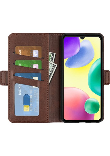 Xiaomi Için Redmi 10A Dokulu Pu Deri Folio Flip Telefon Kılıfı Çift Manyetik Toka Kabuğu Cüzdan Stand-Brown (Yurt Dışından)