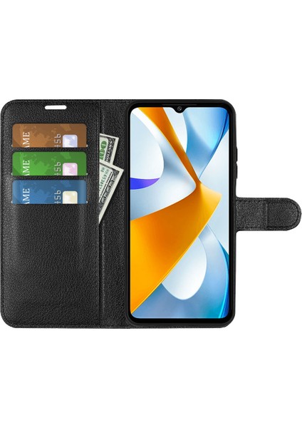 Xiaomi Için Poco C40 4g Çizgi Anti-Çizelge Litchi Doku Pu Pu Deri Tam Koruma Kılıfı Flip Stand Cüzdan Telefon Kapak Black (Yurt Dışından)