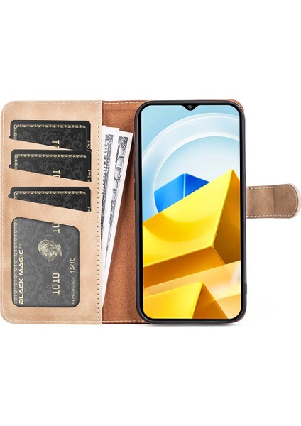 Xiaomi Poco M5 Için 4g Pu Deri Renk Ekleme Telefon Kılıf Stand Cüzdan Folio Flip Anti-Drop Iç Tpu Cover-Sarı (Yurt Dışından)