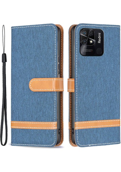 Xiaomi Redmi Için 10C Manyetik Kot Pantolon Doku Folio Folio Flip Standı Renk Ekleme Pu Deri Cüzdan Çok Yönlü Koruma Telefon Kapak Navy Mavi (Yurt Dışından)