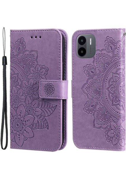 Xiaomi Için Redmi A1 4g/a2 4g Çiçek Baskı Pu Deri Kılıf Stand Stand Anti Drop Telefon Cüzdan Kapağı Strap-Purple (Yurt Dışından)