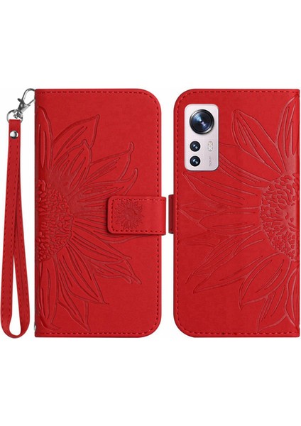 Xiaomi Için 12 Lite 5g HT04 Baskılı Ayçiçeği Pu Deri Cüzdan Kılıf Cilt Touch Stand Manyetik Kapatma Flip Telefon Kapağı Kayış Kırmızısı (Yurt Dışından)