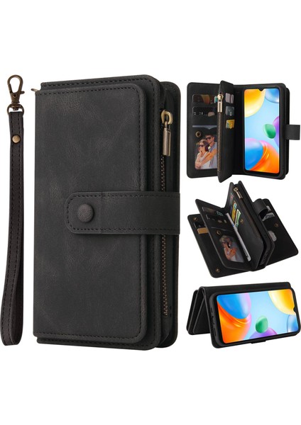Xiaomi Redmi Için 10C Cüzdan Stand Deri Kılıf Çok Kart Yuvası Fermuar Cep Folio Flip Telefon Kapak Black (Yurt Dışından)