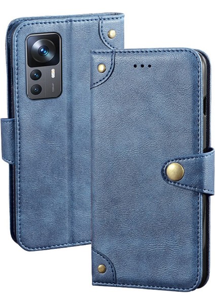 Xiaomi Için Cep Telefonu Kapağı 12T 5g/redmi K50 Ultra 5g Altın Düğme ile Anti Drop Anti Tele Kılıfı Ince Doku Doku Pu Deri Cüzdan Stand-Mavi (Yurt Dışından)