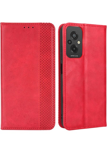 Xiaomi Redmi Için 11 Prime 4g Önce Karşıtı Pu Deri Kabuk Manyetik Tasarım Retro Doku Baskılı Desen Cüzdan Telefon Kapak-Kırmızı (Yurt Dışından)