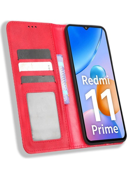 Xiaomi Redmi Için 11 Prime 4g Önce Karşıtı Pu Deri Kabuk Manyetik Tasarım Retro Doku Baskılı Desen Cüzdan Telefon Kapak-Kırmızı (Yurt Dışından) fırsatları