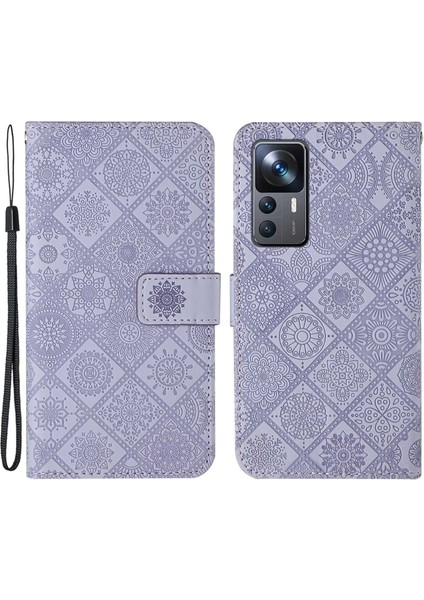 Xiaomi 12T 5G/12T Pro 5g/redmi K50 Ultra 5g Mıknatıs Toka Etnik Bastı Çiçek Cüzdan Hands Stand Deri Kılıf Strap-Murple (Yurt Dışından)