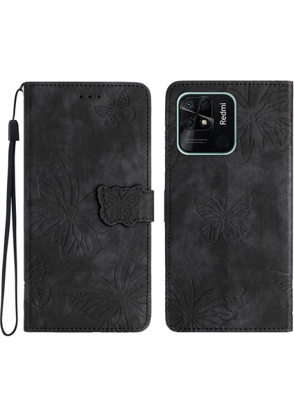 Xiaomi Redmi 10C 4g Deri Stand Cüzdan Telefon Kapağı Cilt Touch Kelebek Basılı Case-Black (Yurt Dışından)
