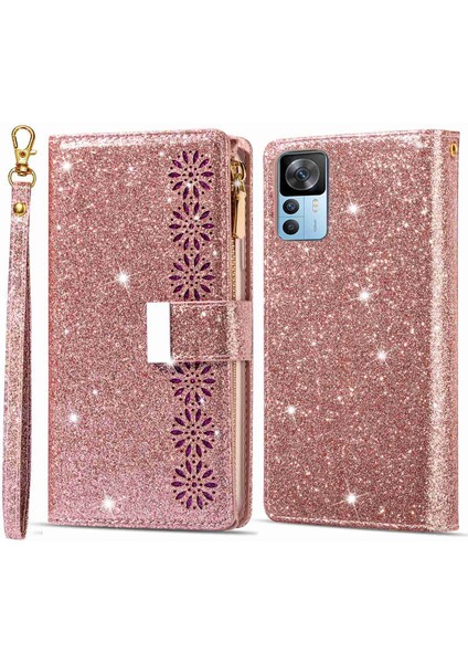 Xiaomi 12T 5G/12T Pro 5g/redmi K50 Ultra 5g Fermuarı Cüzdan Standı Anti-Drop Pu Deri Telefon Kılıfı Flip Lazer Oyma Hafif Yıldızlı Stil Telefon Kapağı Strap-Rose Gold ile (Yurt Dışından)