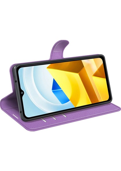 Xiaomi Poco M5 Için 4g Folio Flip Telefon Kılıfı Litchi Doku Pu Deri Damla Damla Koruyucu Koruyucu Kapak Cüzdan Stand-Purple (Yurt Dışından) modelleri