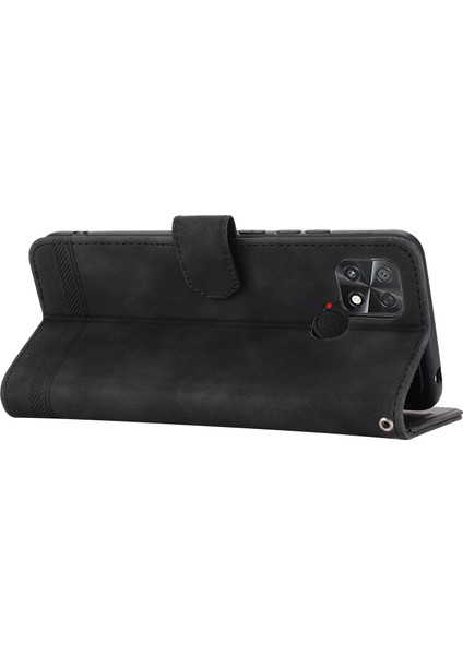Dierfeng Df-03 Xiaomi Poco C40 4g Için Koruyucu Telefon Kılıfı, Pu Deri Çizgiler Baskılı Cüzdan Telefon Stand Kapağı Black (Yurt Dışından)