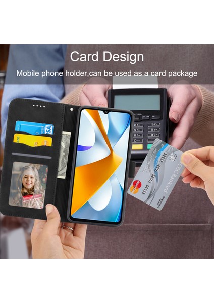 Dierfeng Df-03 Xiaomi Poco C40 4g Için Koruyucu Telefon Kılıfı, Pu Deri Çizgiler Baskılı Cüzdan Telefon Stand Kapağı Black (Yurt Dışından)