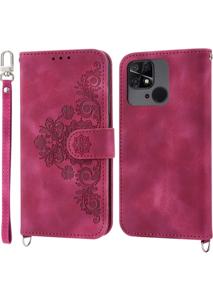 Xiaomi Redmi 10C 4g Için Anti-Fall Anti-Fone Kılıfı Baskılı Çiçekler Pu Deri Deri Touch Stand Flip Cüzdan Kapağı Bilek Kayışı ve Omuz Kayış-Wine Kırmızı (Yurt Dışından)