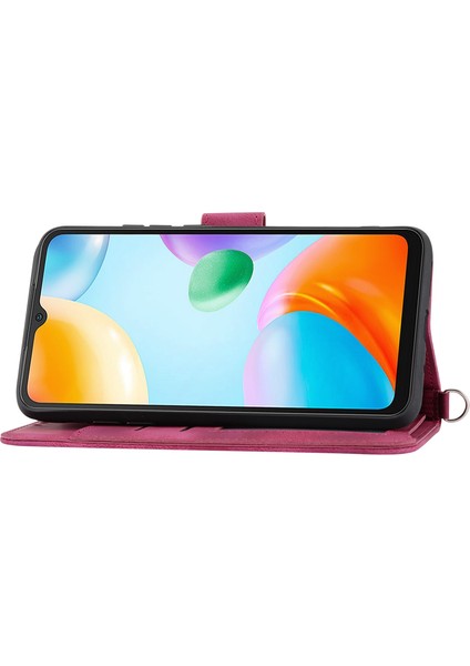 Xiaomi Redmi 10C 4g Için Anti-Fall Anti-Fone Kılıfı Baskılı Çiçekler Pu Deri Deri Touch Stand Flip Cüzdan Kapağı Bilek Kayışı ve Omuz Kayış-Wine Kırmızı (Yurt Dışından)
