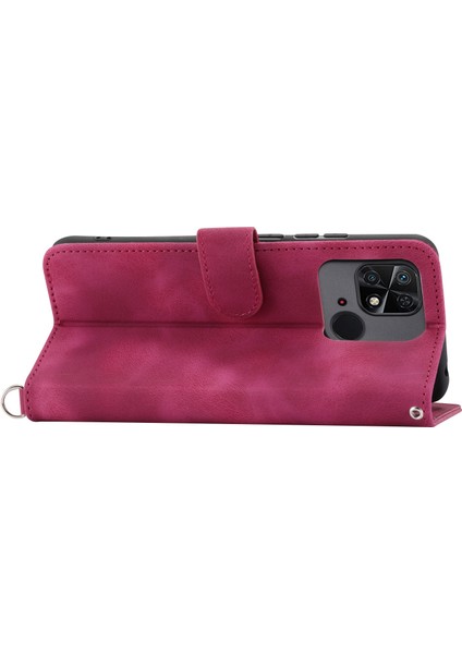 Xiaomi Redmi 10C 4g Için Anti-Fall Anti-Fone Kılıfı Baskılı Çiçekler Pu Deri Deri Touch Stand Flip Cüzdan Kapağı Bilek Kayışı ve Omuz Kayış-Wine Kırmızı (Yurt Dışından)