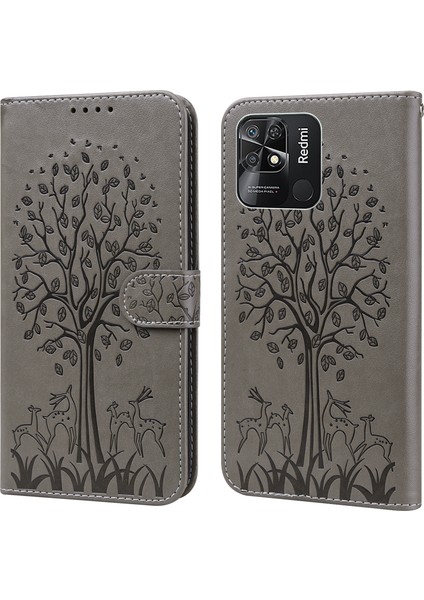 Xiaomi Redmi Için 10C 4g Cep Telefon Kılıfı Baskılı Geyik Ağacı Desen Standı Cüzdan Pu Deri Manyetik Kabuk Kapak Grey (Yurt Dışından)