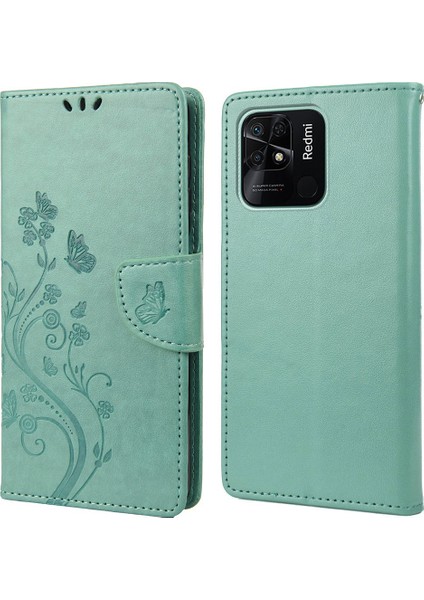 Xiaomi Redmi Için 10C Kelebek Çiçeği Baskılı Folio Flip Pu Deri Kılıf Stand Cüzdan Kapak Yeşil (Yurt Dışından)
