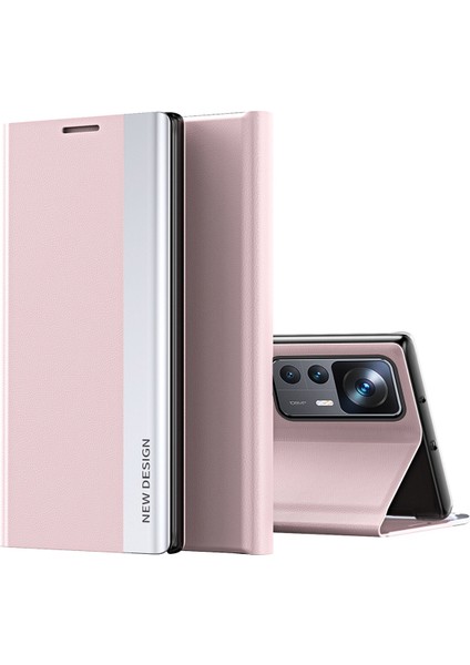 Xiaomi 12T 5G/12T Pro 5g/redmi K50 Ultra 5g Pu Deri Deri Deri Kapak Elektrapılaşma Tasarım Flip Telefon Kılıf Pembe (Yurt Dışından)