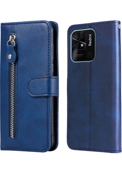 Xiaomi Için Redmi 10C/REDMI 10 (Hindistan) Fermuarı Cep Deri Cüzdan Kılıfı Manyetik Kapanma Stand Şok Geçirmez Koruyucu Koruyucu Kapak Blue (Yurt Dışından)
