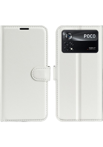Folio Flip Litchi Cilt Deri Kılıf Xiaomi Poco X4 Pro 5g, Damla Koruma Standı Kapak Telefon Cüzdan Aksesuar-Beyaz (Yurt Dışından)