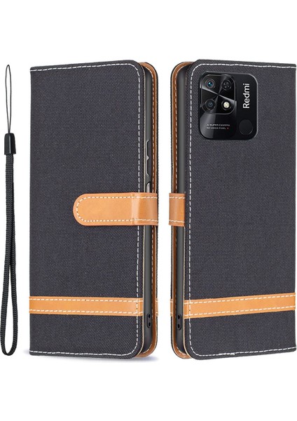 Xiaomi Redmi Için 10C Manyetik Kot Için Kumaş Doku Folio Folio Flip Standı Renk Ekleme Pu Deri Cüzdan Çok Yönlü Koruma Telefon Kapak-Siyah (Yurt Dışından)