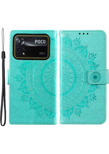 Xiaomi Poco X4 Pro 5g Cüzdan Stand Tasarımı Baskılı Mandala Çiçek Tamamen Sarılmış Pu Deri Telefon Kapak Telefonu Kılıf Yeşili (Yurt Dışından)