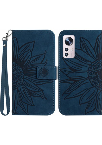 Xiaomi Için 12 Lite 5g HT04 Baskılı Ayçiçeği Pu Deri Cüzdan Kılıfı Cilt Touch Stand Manyetik Kapatma Strap-Dark Mavi ile Telefon Kapağı (Yurt Dışından)