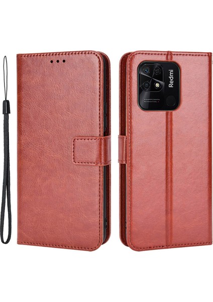 Manyetik Kapatma Cüzdan Xiaomi Için Telefon Kılıfı Redmi 10C Pu Deri Folio Flip Cover Çılgın At Doku Doku Kabuk Strap-Brown (Yurt Dışından)