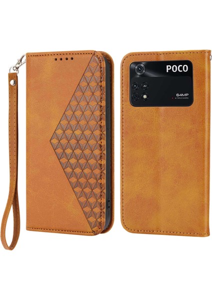 Xiaomi Poco X4 Pro 5g Için Baskılı Rhombus Desen Telefon Stand Buzağı Dokusu Pu Deri Deri Cüzdan Strap-Sarı ile Manyetik Kapak Kapağı (Yurt Dışından)