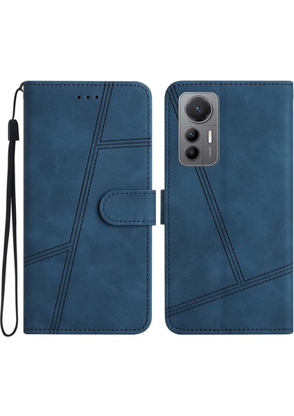 Xiaomi Için 12 Lite 5g Vintage Hatlar Baskılı Telefon Şok Geçirmez Kılıf Cilt Touch Pu Deri Stand Cüzdan Koruyucu Kapak Mavisi (Yurt Dışından)